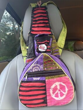 Boho Patchwork Peace Sign Women's Crossbody Bag in Pink & Purple